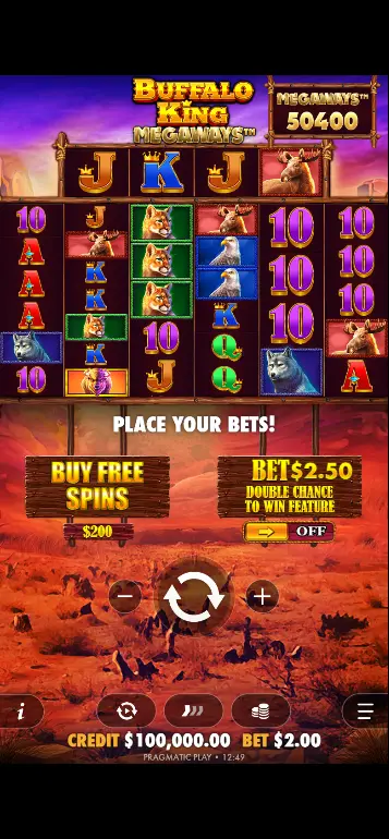 Buffalo King Megaways casino base game showing varying Megaways count